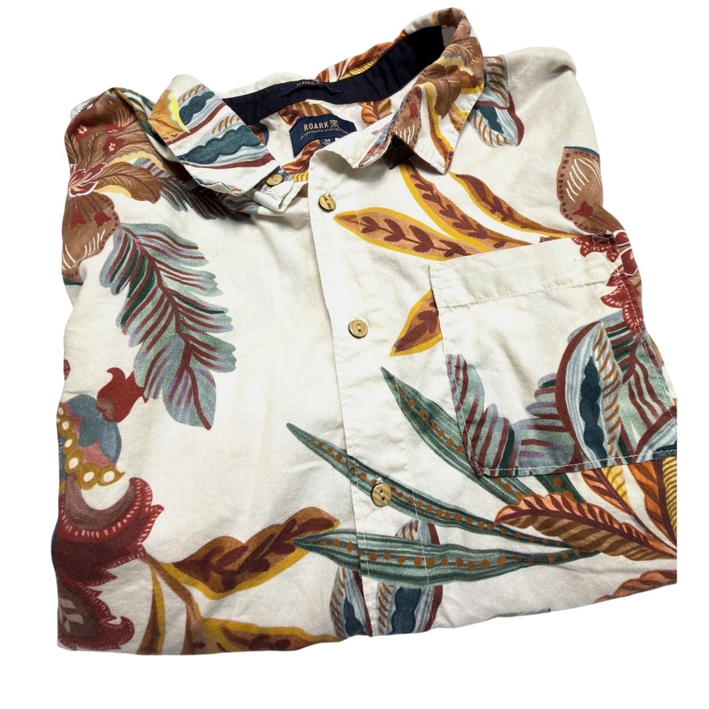 Roark Journey Short Sleeve Button Up Shirt Floral Tropical Organic Cotton Mens M
